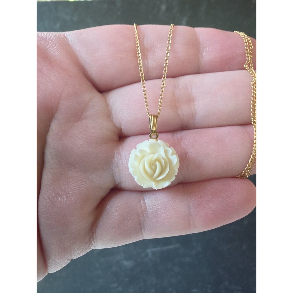 12K Yellow Gold Filled Carved Celluloid Rose Pendant Necklace Vintage